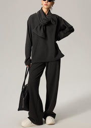 Dark Gray Scarf Tops And Pants Cotton Fall Three Pieces Set V Neck