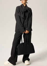 Dark Gray Scarf Tops And Pants Cotton Fall Three Pieces Set V Neck