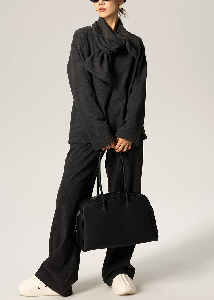 Dark Gray Scarf Tops And Pants Cotton Fall Three Pieces Set V Neck