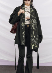 Dark Gray Tie Waist Pockets Woolen Coats Embroidered