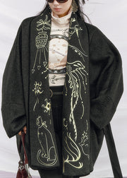 Dark Gray Tie Waist Pockets Woolen Coats Embroidered