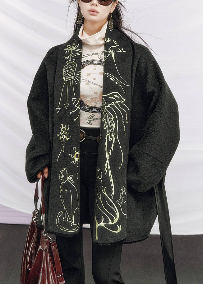 Dark Gray Tie Waist Pockets Woolen Coats Embroidered