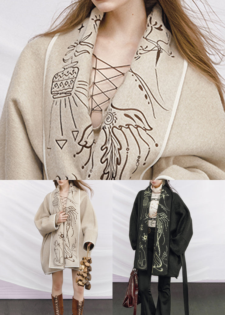 Dark Gray Tie Waist Pockets Woolen Coats Embroidered