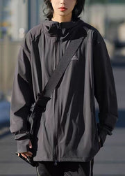 Dark Gray Zippered Solid Ice Silk Men UPF 50+ Coat Hooded