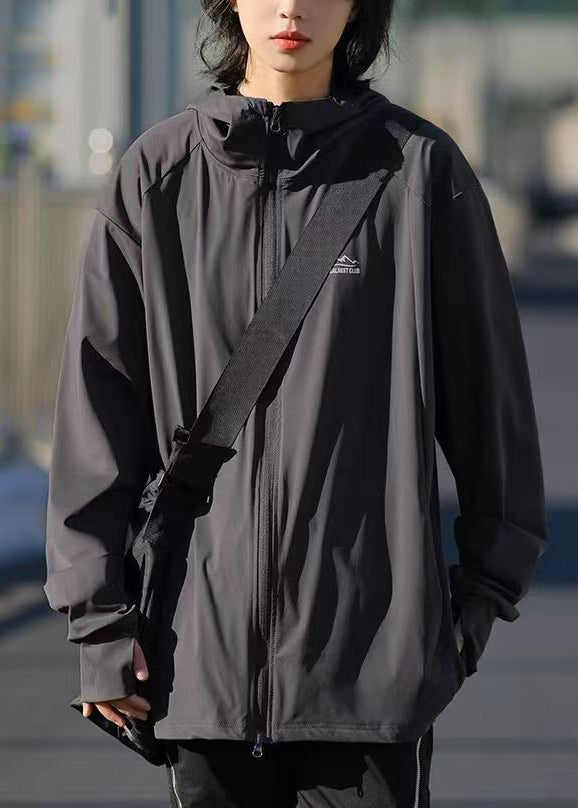 Dark Gray Zippered Solid Ice Silk Men UPF 50+ Coat Hooded
