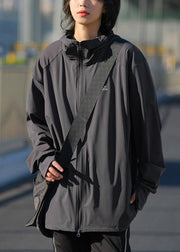Dark Gray Zippered Solid Ice Silk Men UPF 50+ Coat Hooded