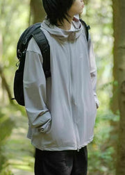 Dark Gray Zippered Solid Ice Silk Men UPF 50+ Coat Hooded
