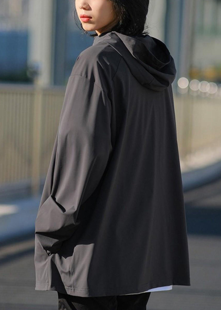 Dark Gray Zippered Solid Ice Silk Men UPF 50+ Coat Hooded