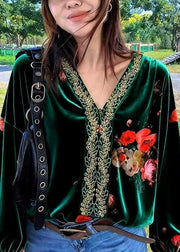 Dark Green Embroidered Patchwork Silk Velour Blouses V Neck Fall