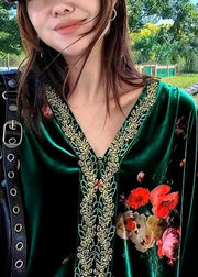 Dark Green Embroidered Patchwork Silk Velour Blouses V Neck Fall