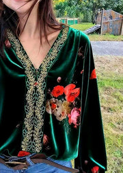 Dark Green Embroidered Patchwork Silk Velour Blouses V Neck Fall