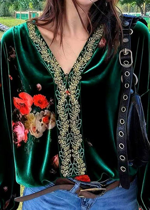 Dark Green Embroidered Patchwork Silk Velour Blouses V Neck Fall