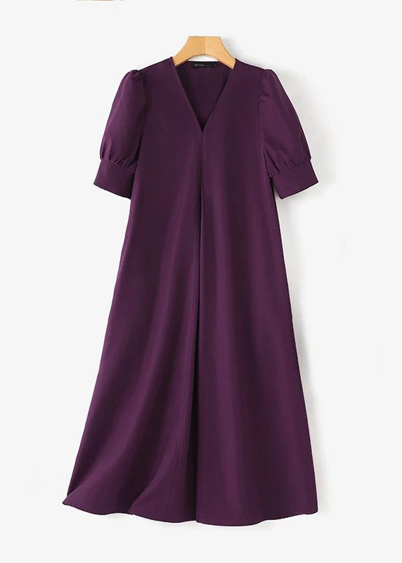 Dark Purple Cotton Pleated Dress Puff Sleeve V Neck Summer