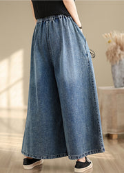Denim Blue Cross Strap Wide Leg Pants Wrinkled Summer