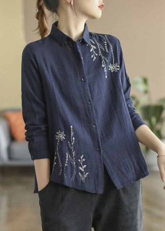 Denim Blue Fall Cotton Button Shirts Embroidered