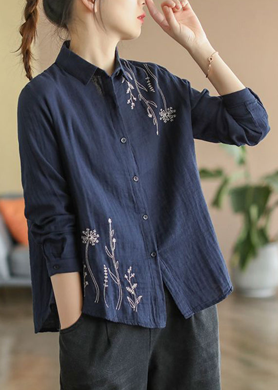 Denim Blue Fall Cotton Button Shirts Embroidered