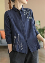 Denim Blue Fall Cotton Button Shirts Embroidered