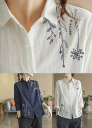 Denim Blue Fall Cotton Button Shirts Embroidered