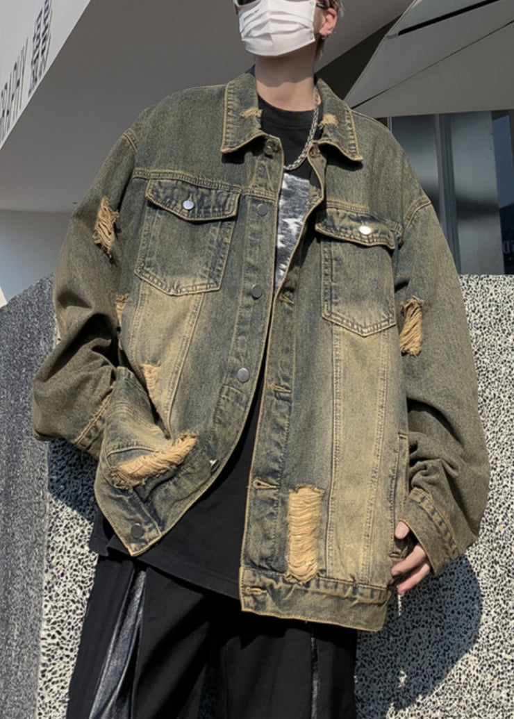 Denim Blue Hole Patchwork Men Men Coat Peter Pan Collar