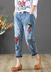Denim Blue Pants Embroidered Elastic Waist Summer