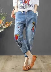 Denim Blue Pants Embroidered Elastic Waist Summer