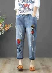 Denim Blue Pants Embroidered Elastic Waist Summer