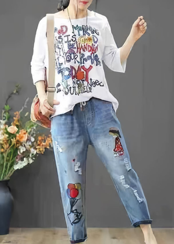 Denim Blue Pants Embroidered Elastic Waist Summer