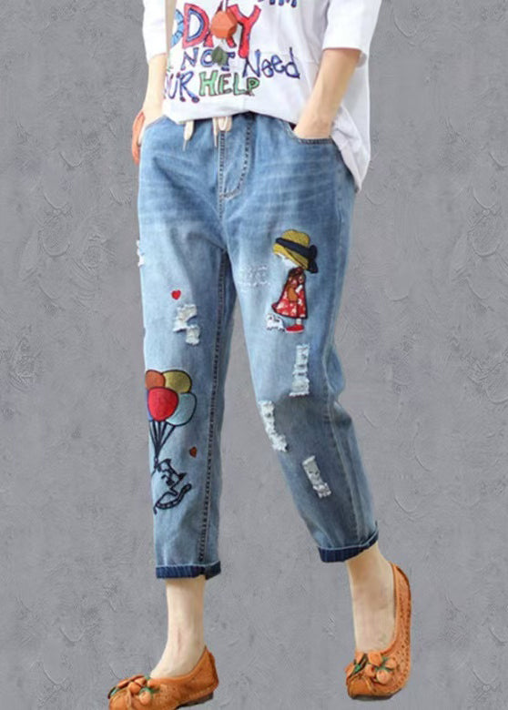 Denim Blue Pants Embroidered Elastic Waist Summer