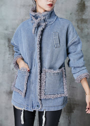Denim Blue Patchwork Fleece Wool Lined Coat Oversized Winter