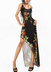 Dinner Black Print Side Open Tulle Long Spaghetti Strap Dress Sleeveless