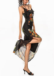 Dinner Black Print Side Open Tulle Long Spaghetti Strap Dress Sleeveless