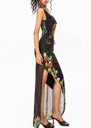 Dinner Black Print Side Open Tulle Long Spaghetti Strap Dress Sleeveless