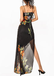 Dinner Black Print Side Open Tulle Long Spaghetti Strap Dress Sleeveless