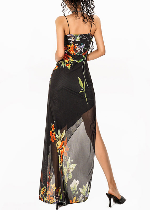 Dinner Black Print Side Open Tulle Long Spaghetti Strap Dress Sleeveless