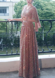 Dinner Pink V Neck High Waist Sequins Cotton Party Dress