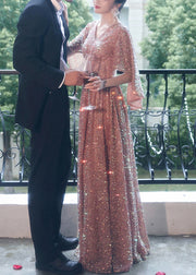 Dinner Pink V Neck High Waist Sequins Cotton Party Dress