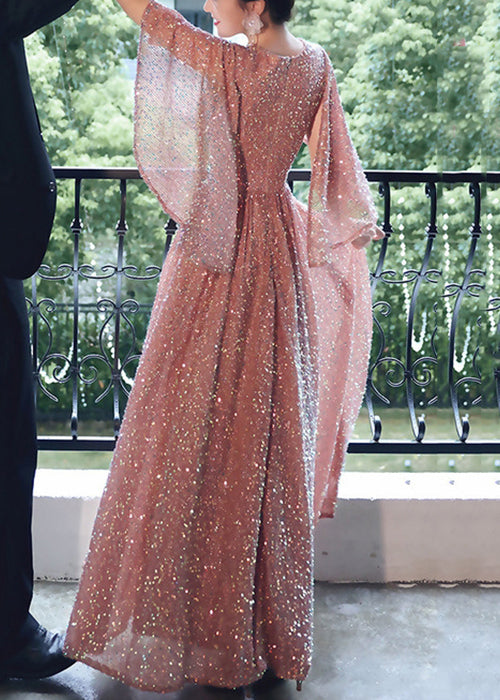 Dinner Pink V Neck High Waist Sequins Cotton Party Dress