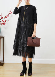 Diy Black Embroideried Patchwork Tulle Knit Long Dress Fall