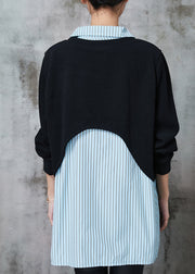 Diy Blue Striped Patchwork Cotton Loose Sweatshirts Top Spring