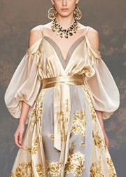 Diy Champagne Cold Shoulder Print Silk Vestidos Dress Puff Sleeve