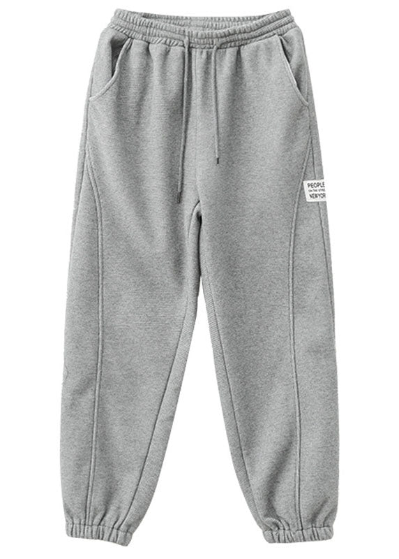 Diy Grey Elastic Waist Solid Patchwork Warm Fleece Pants Winter