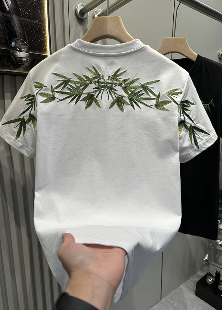 Diy White Bamboo Embroideried T Shirt Men Casual Clothing Summer