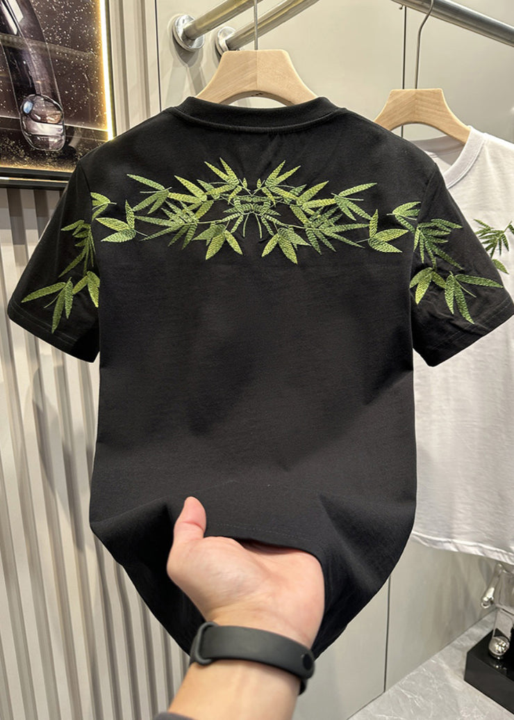 Diy White Bamboo Embroideried T Shirt Men Casual Clothing Summer