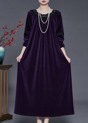 Dull Purple Patchwork Silk Velvet Long Dress Oversized Fall