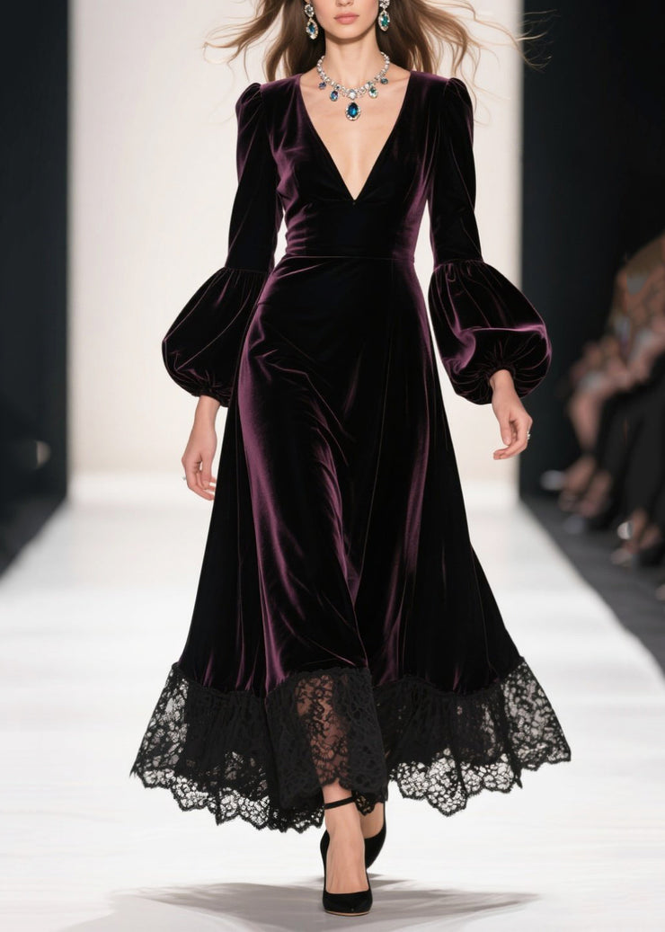 Dull Purple Patchwork Silk Velvet Maxi Dresses Deep-V Neck Lantern Sleeve