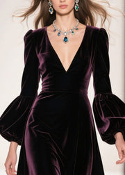 Dull Purple Patchwork Silk Velvet Maxi Dresses Deep-V Neck Lantern Sleeve