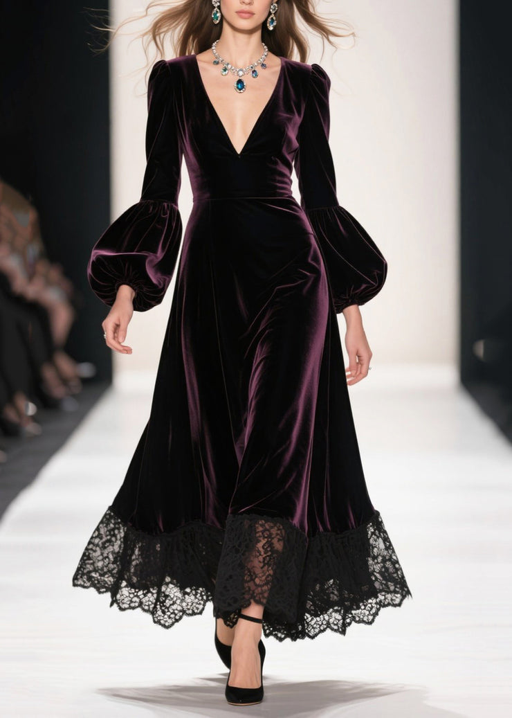 Dull Purple Patchwork Silk Velvet Maxi Dresses Deep-V Neck Lantern Sleeve