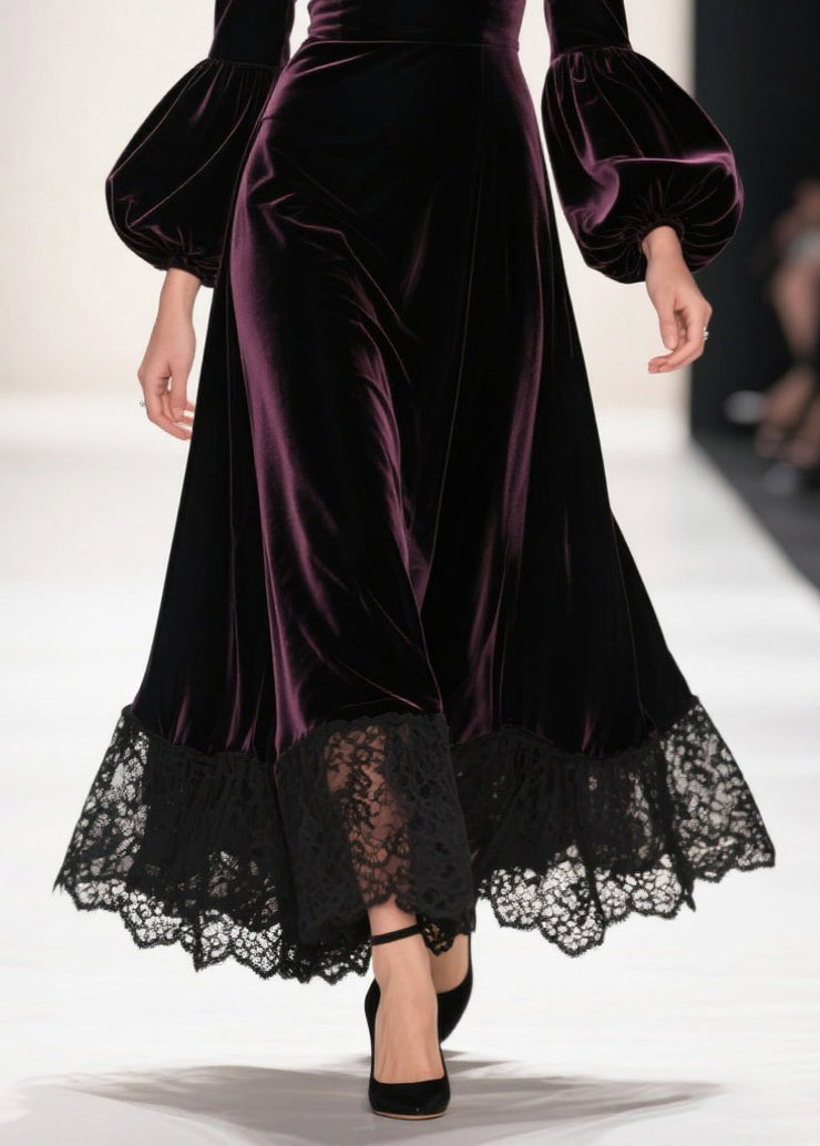 Dull Purple Patchwork Silk Velvet Maxi Dresses Deep-V Neck Lantern Sleeve