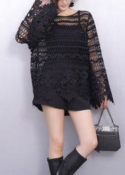 Elegant All Black Look Hollow Out Lace T Shirt Fall