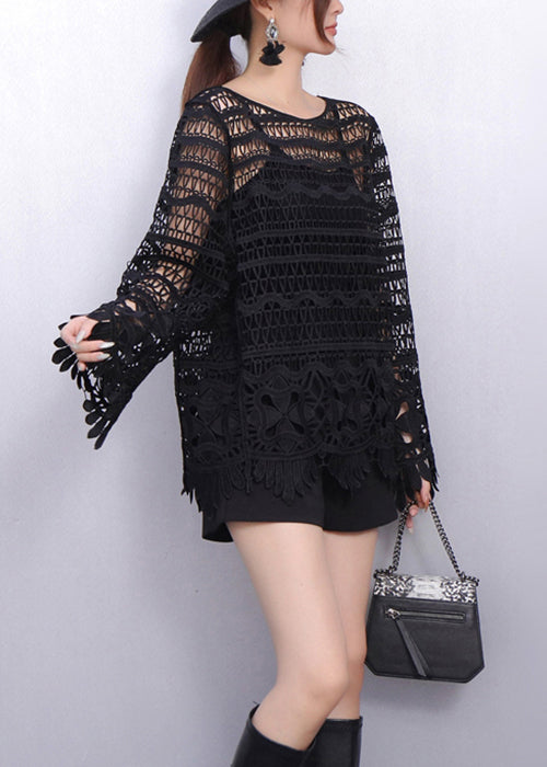 Elegant All Black Look Hollow Out Lace T Shirt Fall